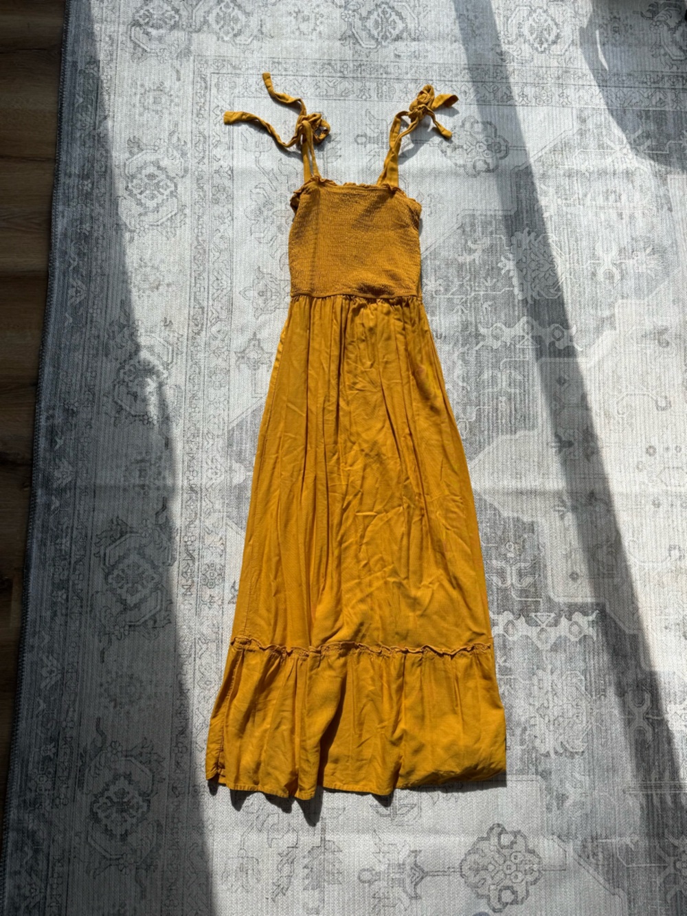 Smocked Tie-Shoulder Maxi Dress in Mustard Yellow